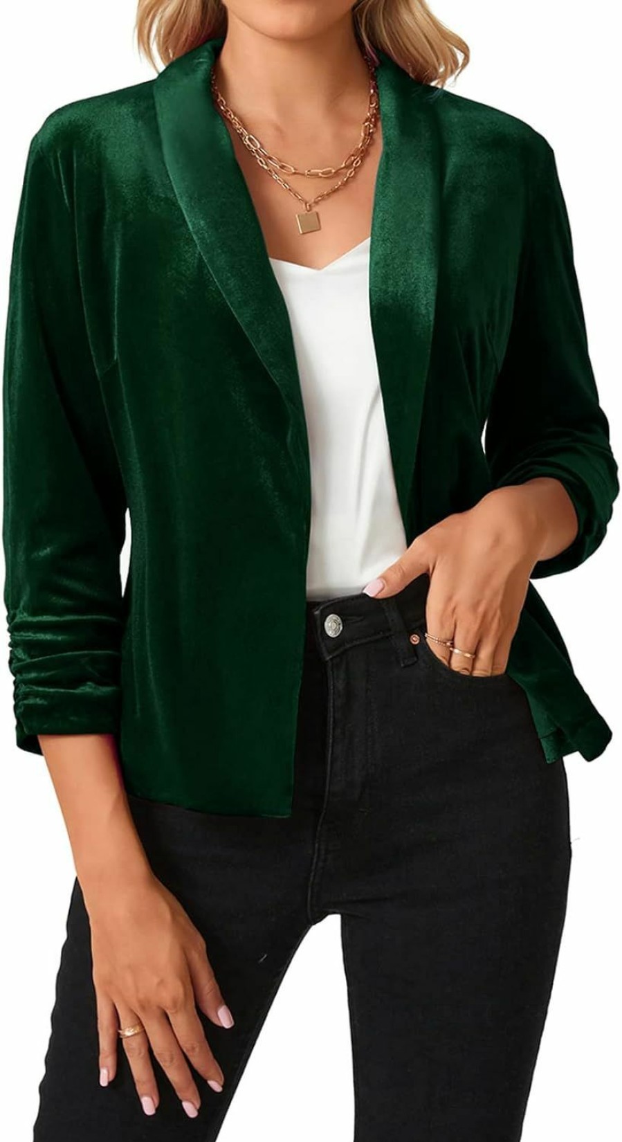 Hot MINTLIMIT Mintlimit Women'S Velvet Blazer 3/4 Ruched Sleeve Jacket Shawl Lapel Open Front Casual Blazers Jackets