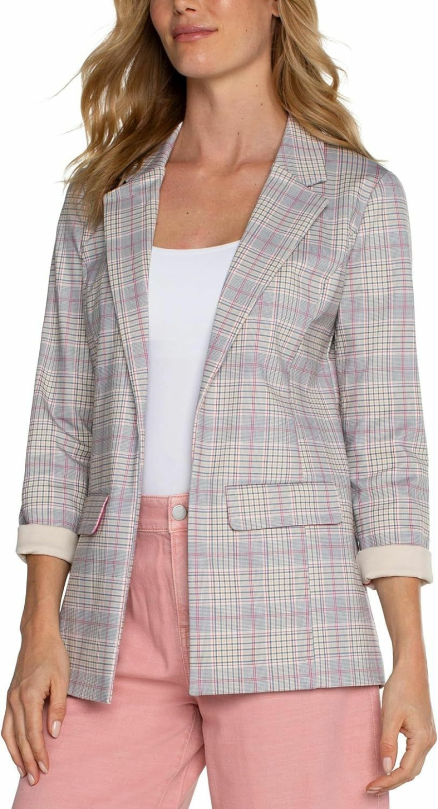 Wholesale Liverpool Liverpool Women'S Petite Boyfriend Blazer With Princess Darts Plaid Ponte Knit