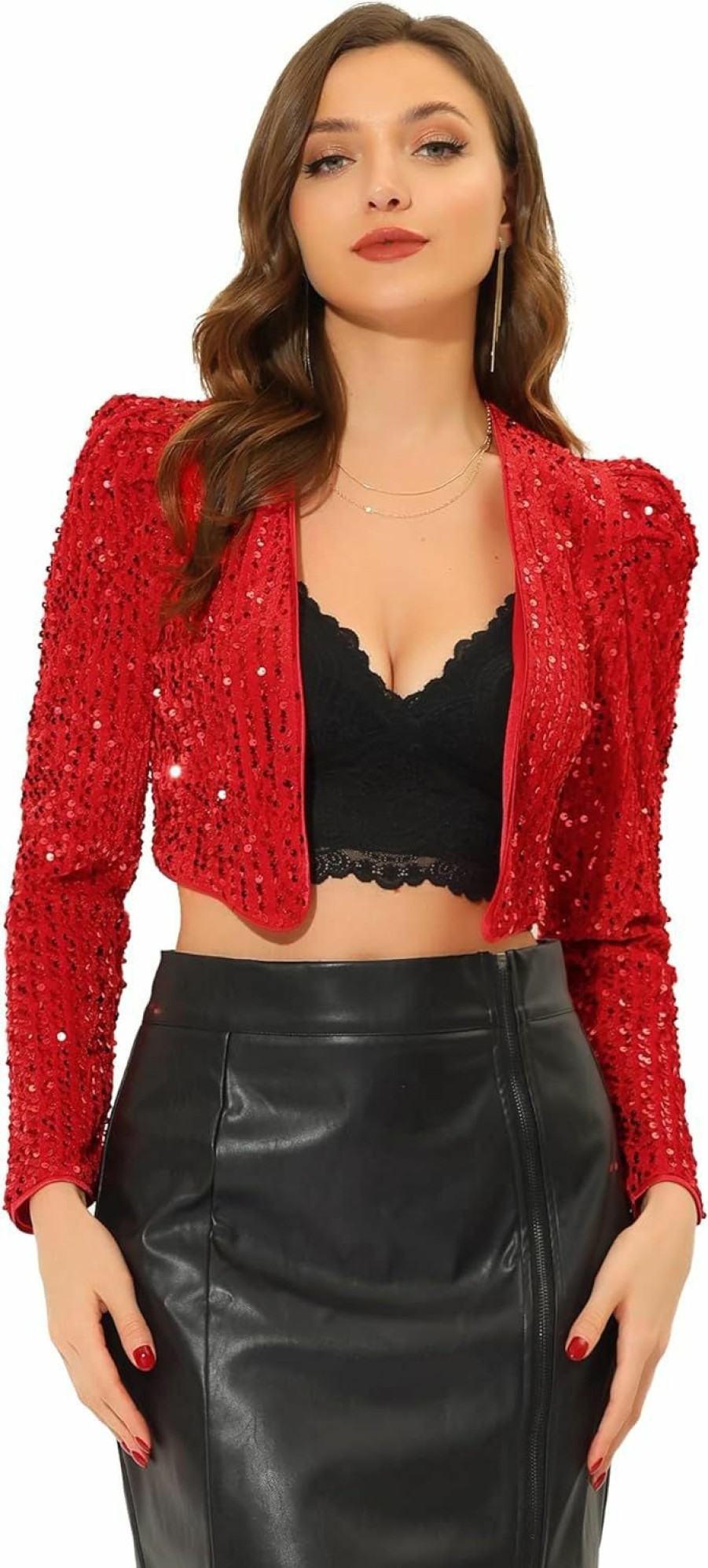 Clearance Allegra K Allegra K Women'S Sequin Shrug Open Front Collarless Christmas Glitter Sparkly Crop Blazer Jacket