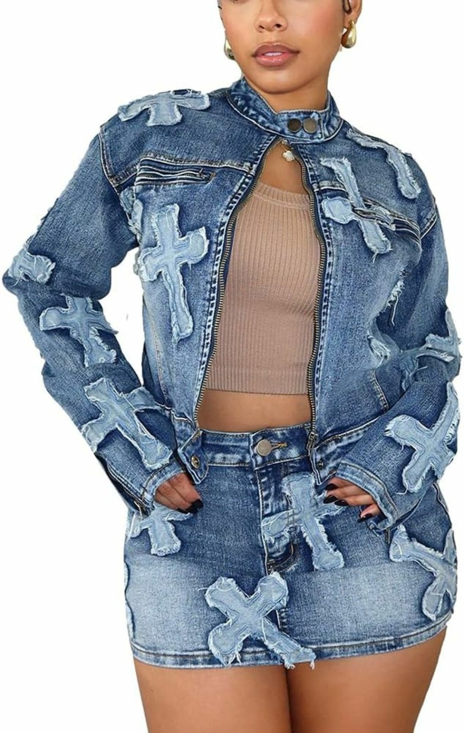 New Molilove Molilove 2 Piece Denim Skirt Jacket Set Women Zipper Jacket Top Elastic Waist Skirt With Pockets Sweatsuit Tracksuit Sets