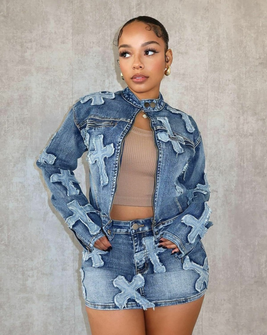 New Molilove Molilove 2 Piece Denim Skirt Jacket Set Women Zipper Jacket Top Elastic Waist Skirt With Pockets Sweatsuit Tracksuit Sets