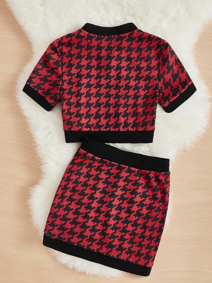 Wholesale WDIRARA Wdirara Women'S 2 Piece Outfits Houndstooth Print Button Up Crop Jacket And Mini Skirt Set