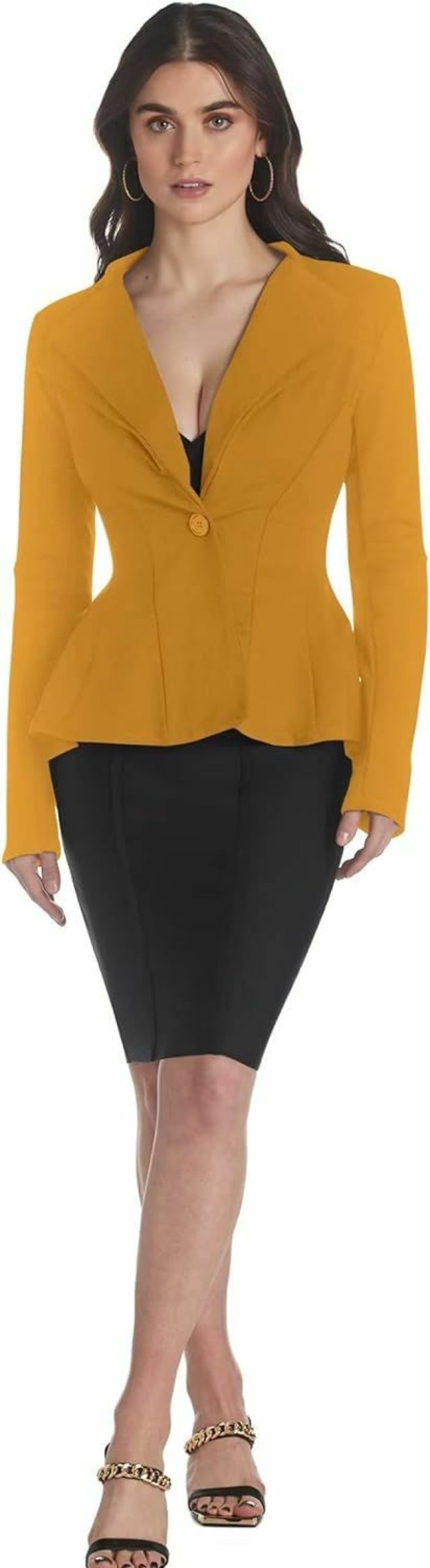 Clearance Hybrid & Company Hybrid & Company Women'S Casual Work Office Dressy Double Notch Lapel Sharp Shoulder Pad Single Button Peplum Comfy Blazer