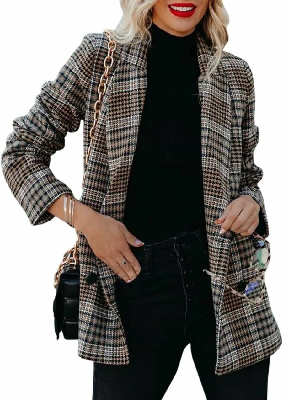 Best Taodou Taodou Women'S Casual Blazers Woolen Plaid Blazer Lapel Long Sleeve Button Pocket Jackets Coat