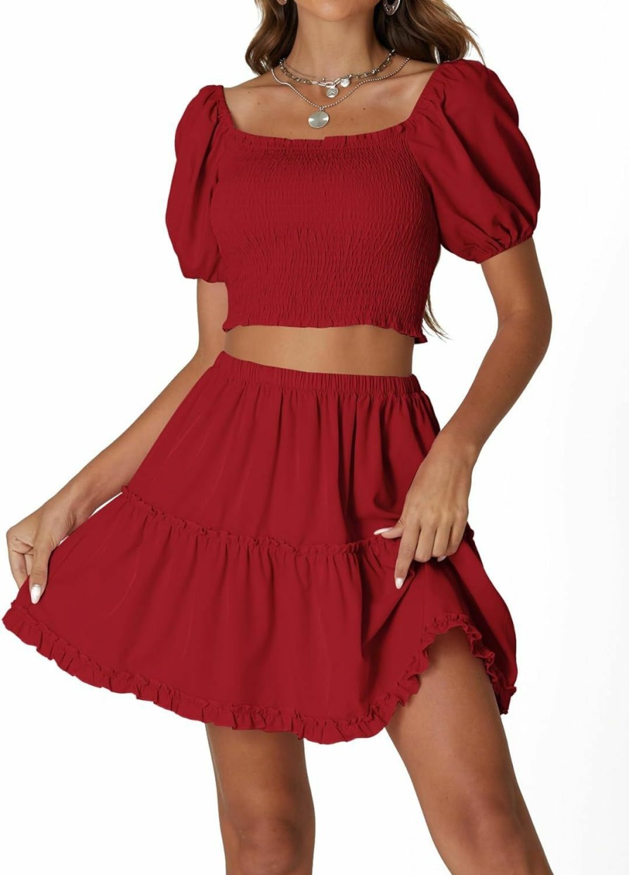 New LYANER Lyaner Women'S Two Pieces Outfits Frill Smock Square Neck Top And Skirts Suit Sets