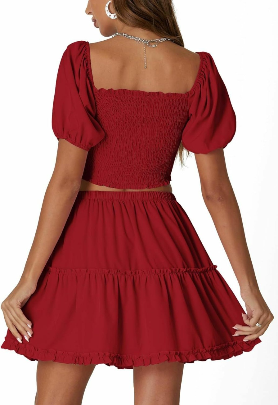 New LYANER Lyaner Women'S Two Pieces Outfits Frill Smock Square Neck Top And Skirts Suit Sets