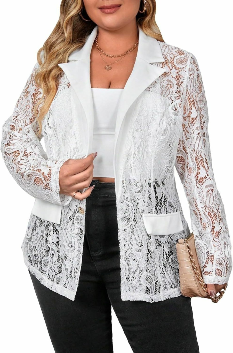 Wholesale WDIRARA Wdirara Women'S Plus Size Contrast Lace Button Front Lapel Neck Long Sleeve Elegant Blazer