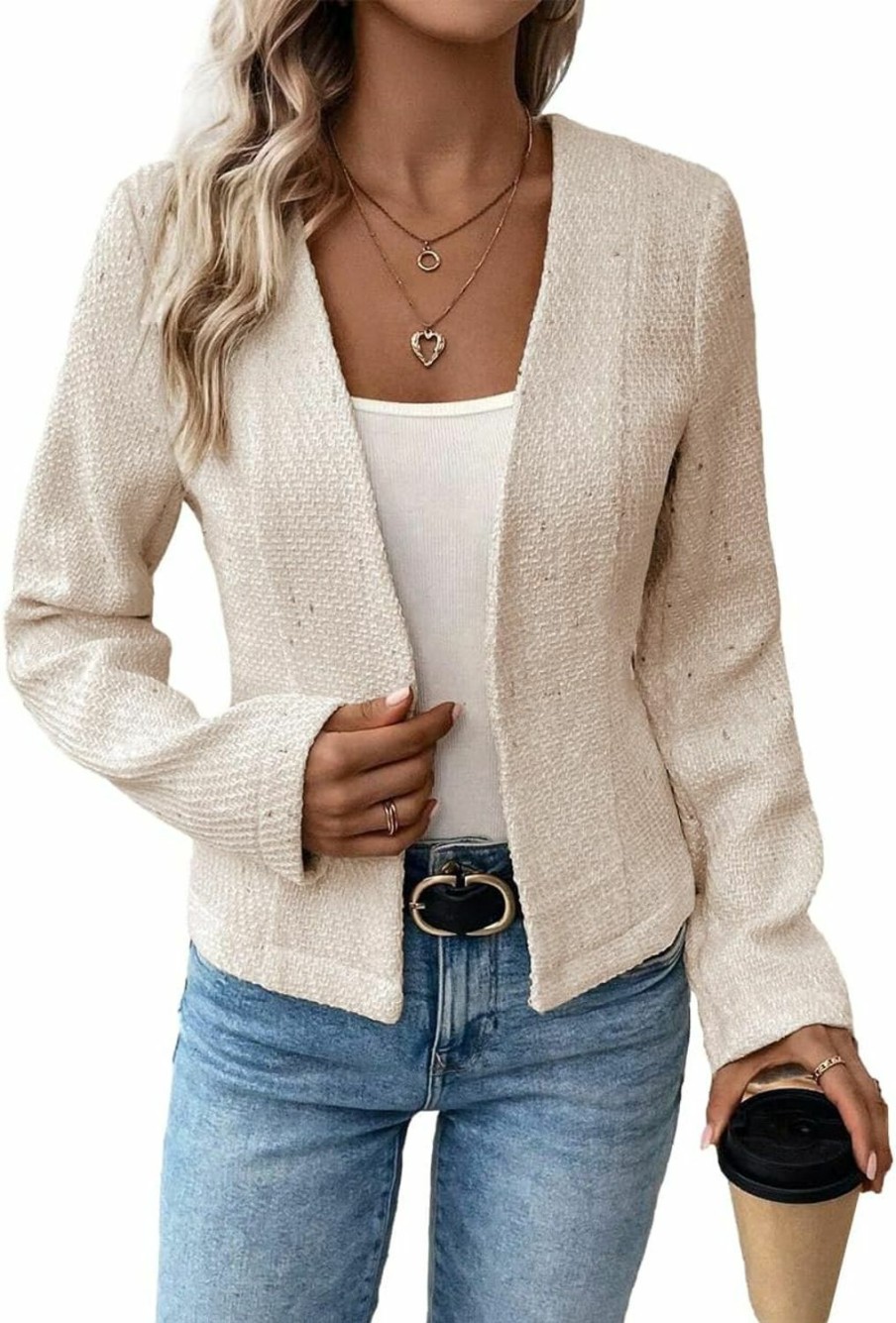 Best Mina self Tweed Blazer Jackets For Women Sweater Blazers Beige Cream Petite Cardigan Collarless Cardigans Sweaters Wool Slim Fitted Jackets Beige L