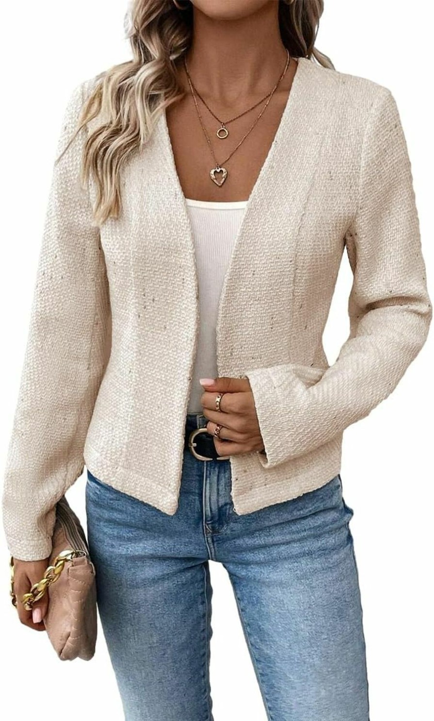 Best Mina self Tweed Blazer Jackets For Women Sweater Blazers Beige Cream Petite Cardigan Collarless Cardigans Sweaters Wool Slim Fitted Jackets Beige L