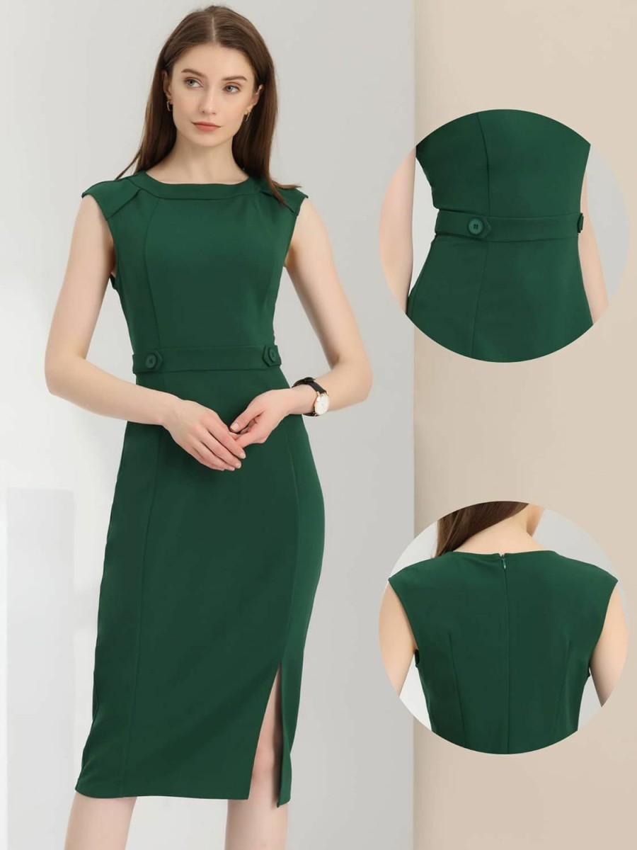 Best Allegra K Allegra K Sheath Dress For Women'S Sleeveless 2024 Round Neck Slim Fit Split Work Bodycon Pencil Dresses