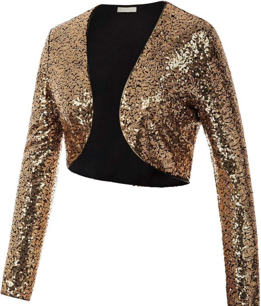 Hot Belle Poque Belle Poque Women'S Sequin Jacket Long Sleeve Open Front Glitter Cropped Blazer Bolero Shrug S-Xxl