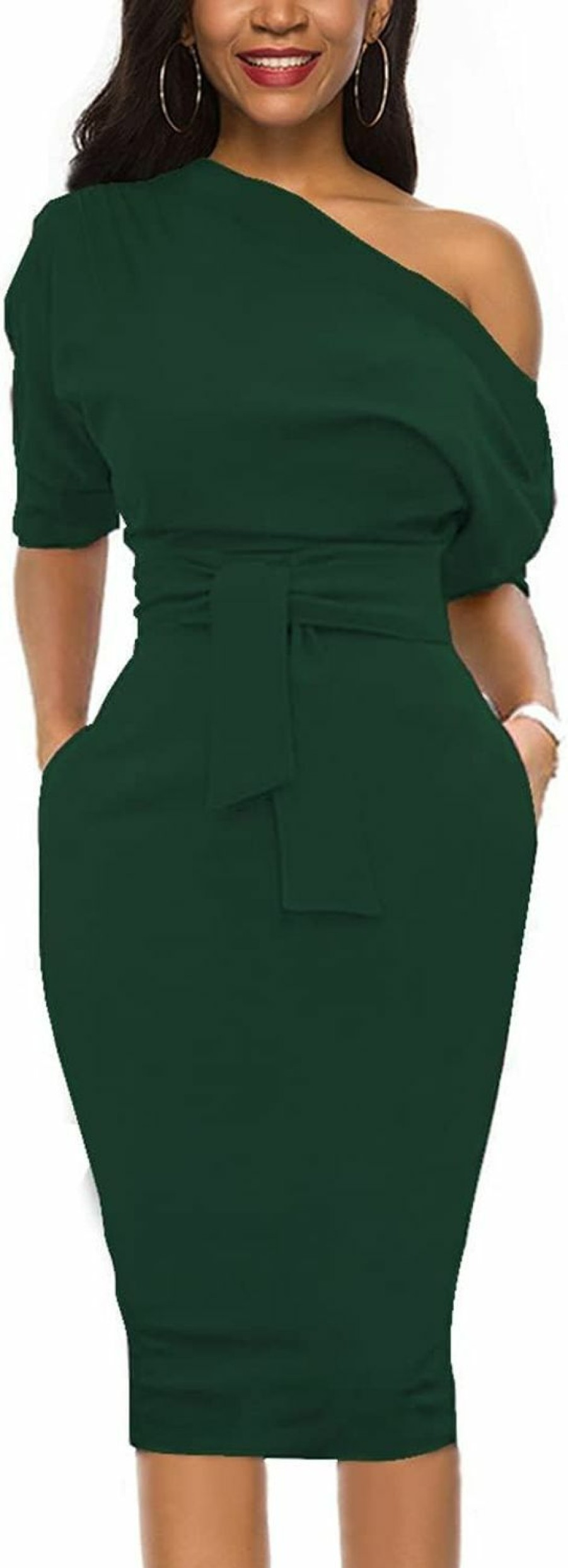 Wholesale Nature Comfy Elegant Womens Wear To Work Casual One Shoulder Belted Pencil Dress With Pockets