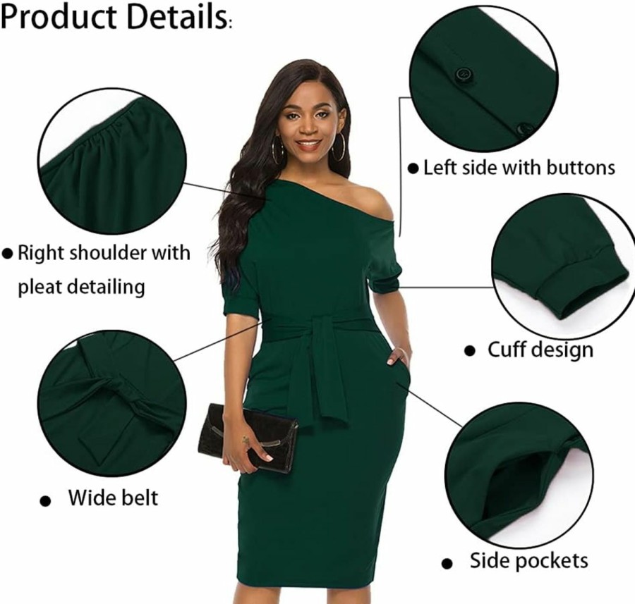 Wholesale Nature Comfy Elegant Womens Wear To Work Casual One Shoulder Belted Pencil Dress With Pockets