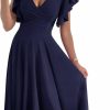 New DGHBVS Women'S Cocktail Dress Wrap V Neck Ruffle Short Sleeve A Line Work Formal Wedding Guest Midi Dress With Pockets