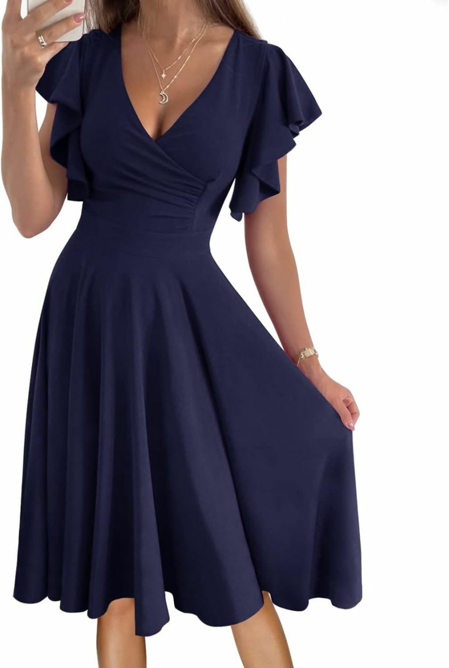 New DGHBVS Women'S Cocktail Dress Wrap V Neck Ruffle Short Sleeve A Line Work Formal Wedding Guest Midi Dress With Pockets