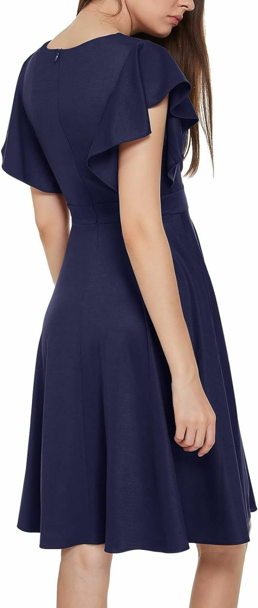 New DGHBVS Women'S Cocktail Dress Wrap V Neck Ruffle Short Sleeve A Line Work Formal Wedding Guest Midi Dress With Pockets