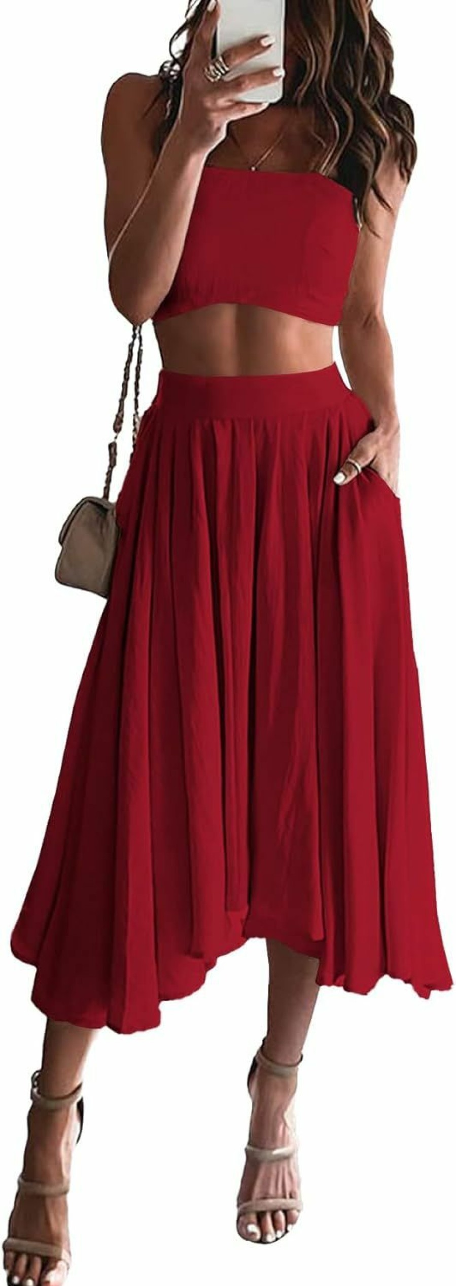 Hot LYANER Lyaner Women'S Two Pieces Croped Cami Top And Elastic Waist Midi Skirt Sets