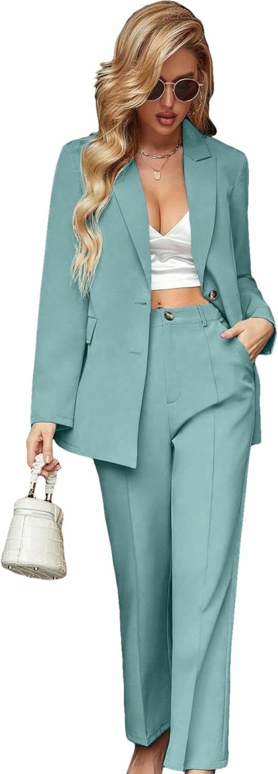 Hot SweatyRocks Sweatyrocks Women'S 2 Piece Blazer Set Button Front Long Sleeve Blazer And Pants Solid Business Office Suits Set