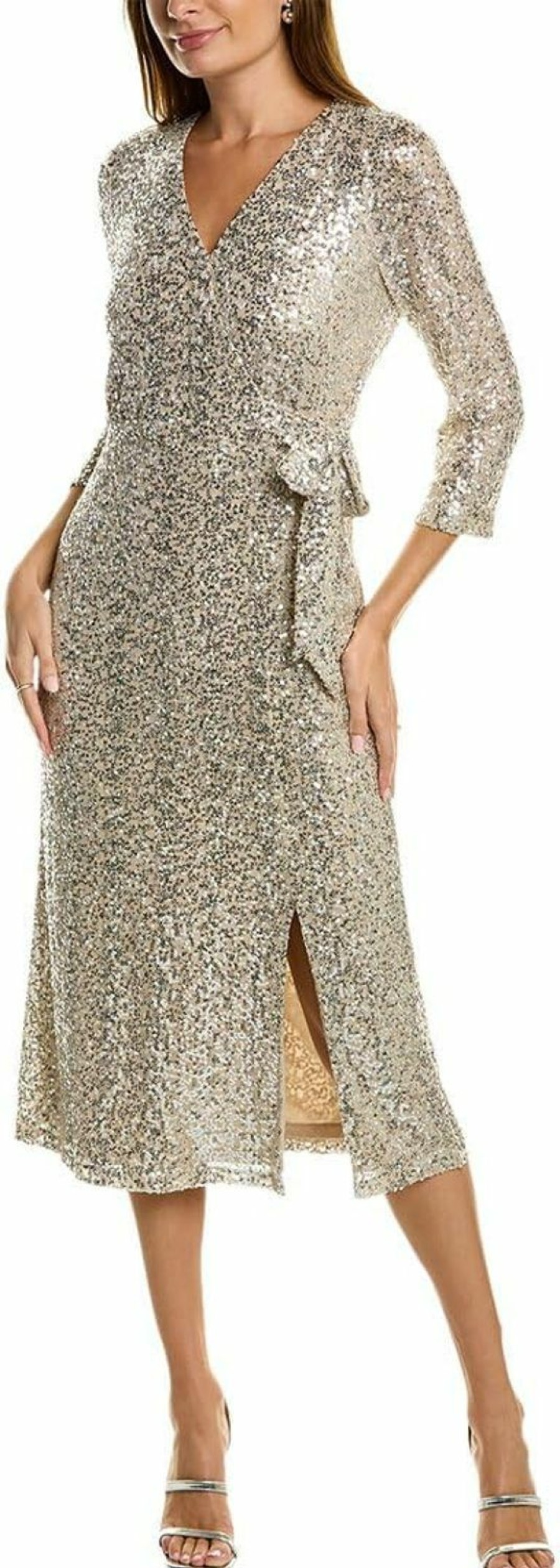 Hot Anne Klein Anne Klein Women'S Long Sleeve Faux Wrap Sequin Midi Dress