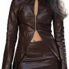 New xxxiticat Xxxiticat Women'S Faux Leather Skirt Co-Ords Zipper Down Hollow Out Cardigan Jacket Low Rise Pu Skirt 2Pcs Matching Sets