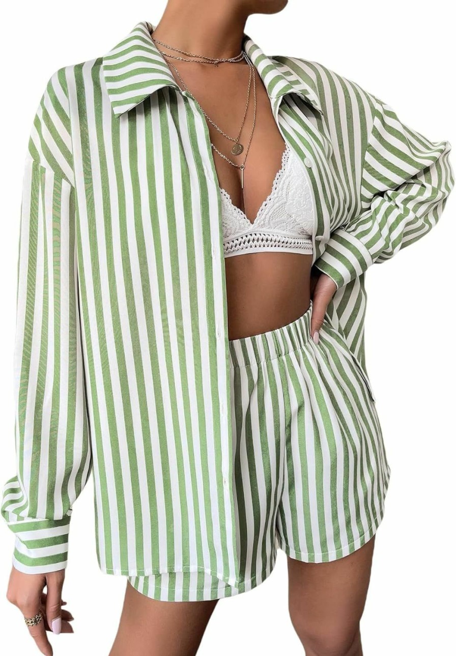 Best Floerns Floerns Women'S 2 Piece Outfit Striped Long Sleeve Blouse Top With Shorts Set