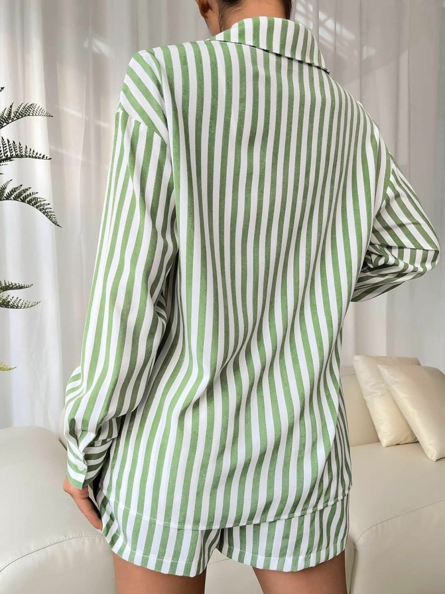 Best Floerns Floerns Women'S 2 Piece Outfit Striped Long Sleeve Blouse Top With Shorts Set