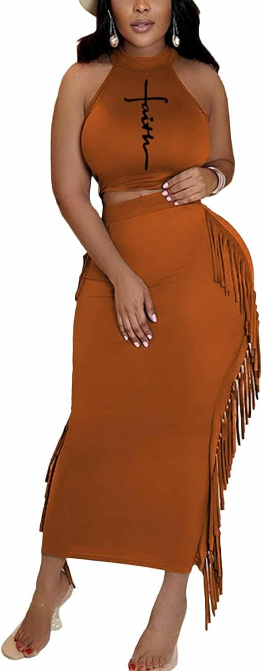 Online Vrtige Vrtige Women'S 2 Piece Outfits Halter Sleeveless Crop Top And Fringe Bodycon Maxi Skirt Set