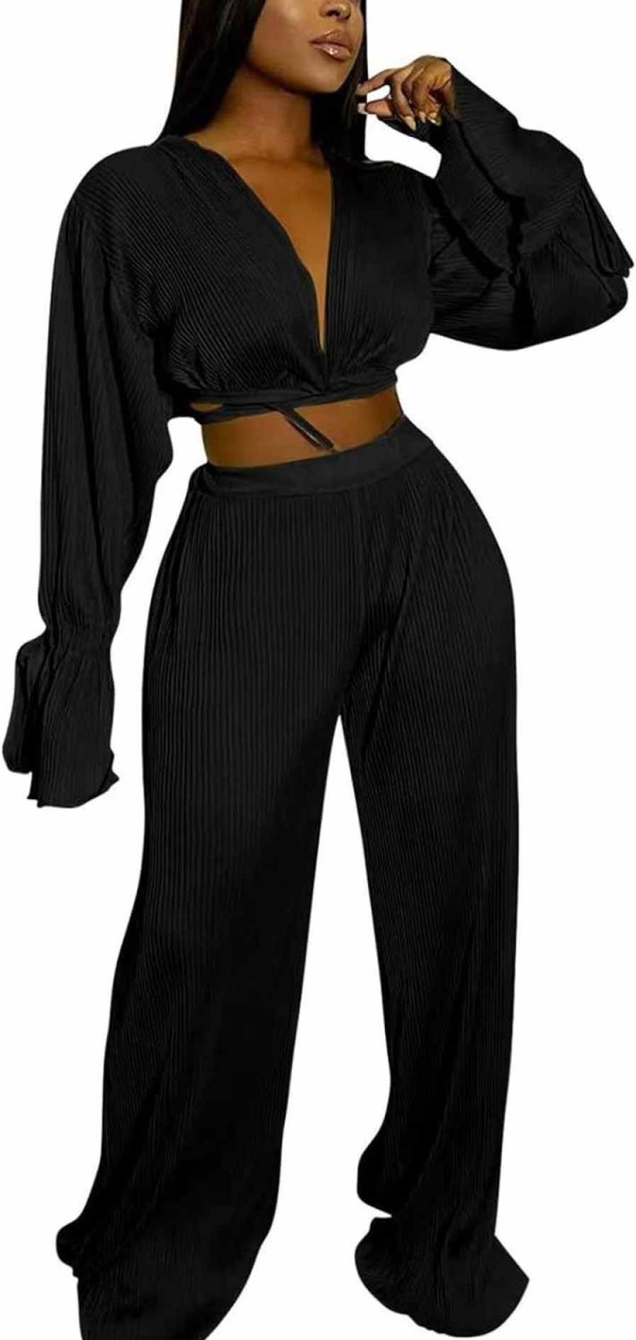 Clearance Ekaliy Ekaliy Women'S 2 Piece Casual Pleated Outfits Short Sleeve Button Down Shirt High Waist Wide Leg Trouser Sets Suit