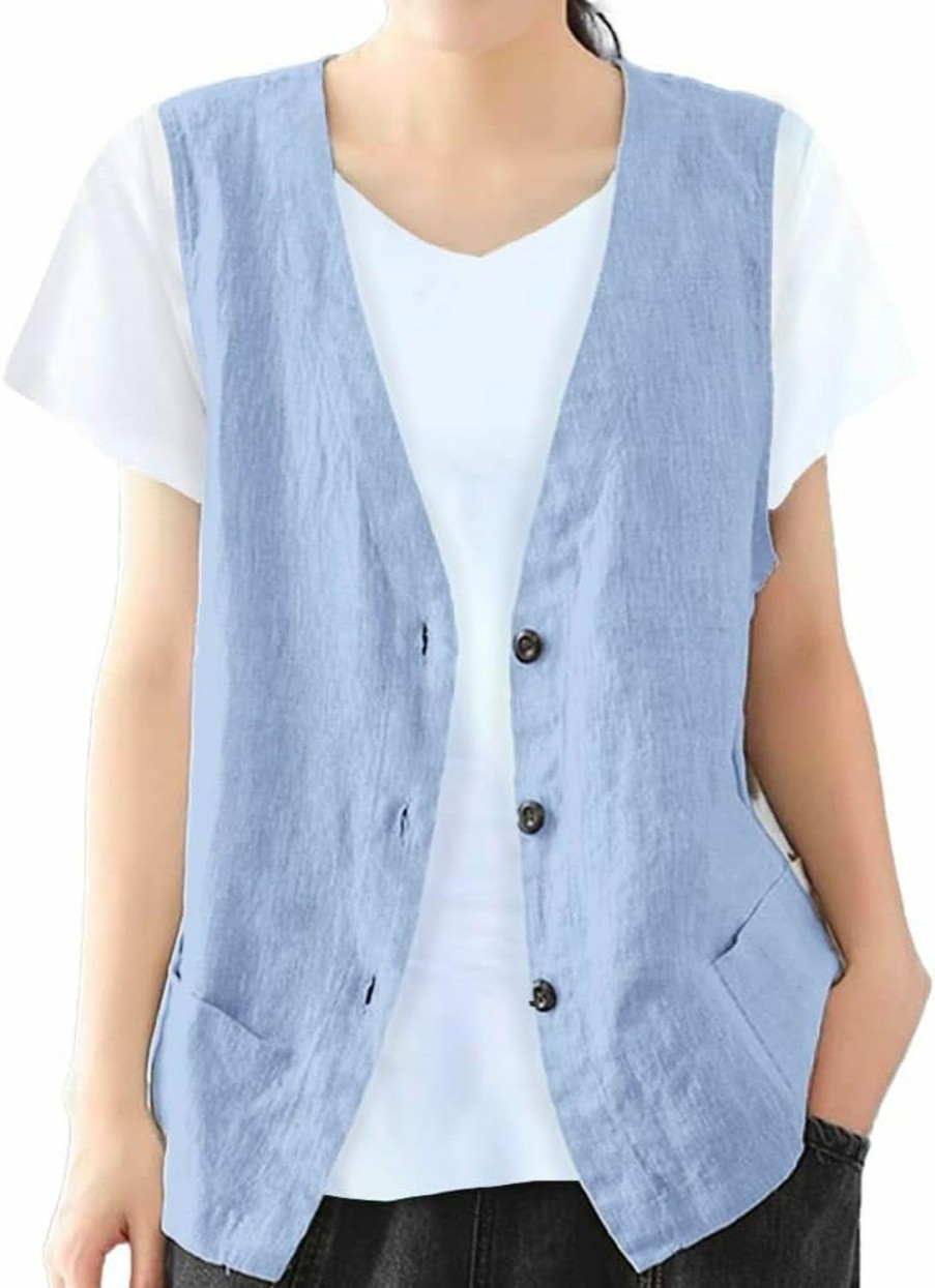 Clearance IDEALSANXUN Idealsanxun Womens Cotton Linen Vest Casual Sleeveless Blazer Cardigans Lightweight Jacket Waistcoat