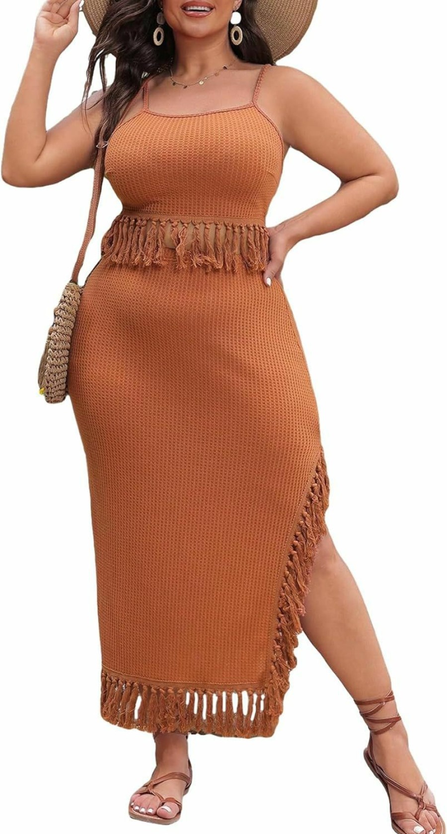 Hot Floerns Floerns Women'S Plus Size Two Piece Summer Fringe Trim Cami Top And Slit Hem Skirt Set