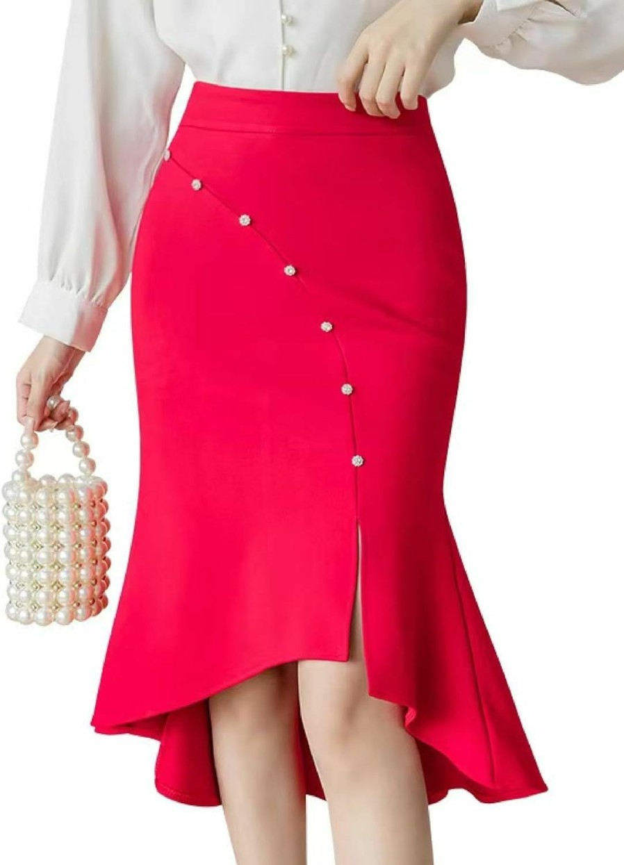 Hot Kisidoo Women'S Button Decor Split Elegant Vintage Office Knee Length Pencil Fishtail Skirt