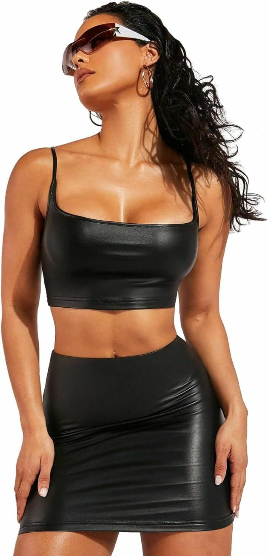 Hot Verdusa Verdusa Women'S Two Piece Outfits Pu Leather Crop Cami Top And Bodycon Mini Skirt Set