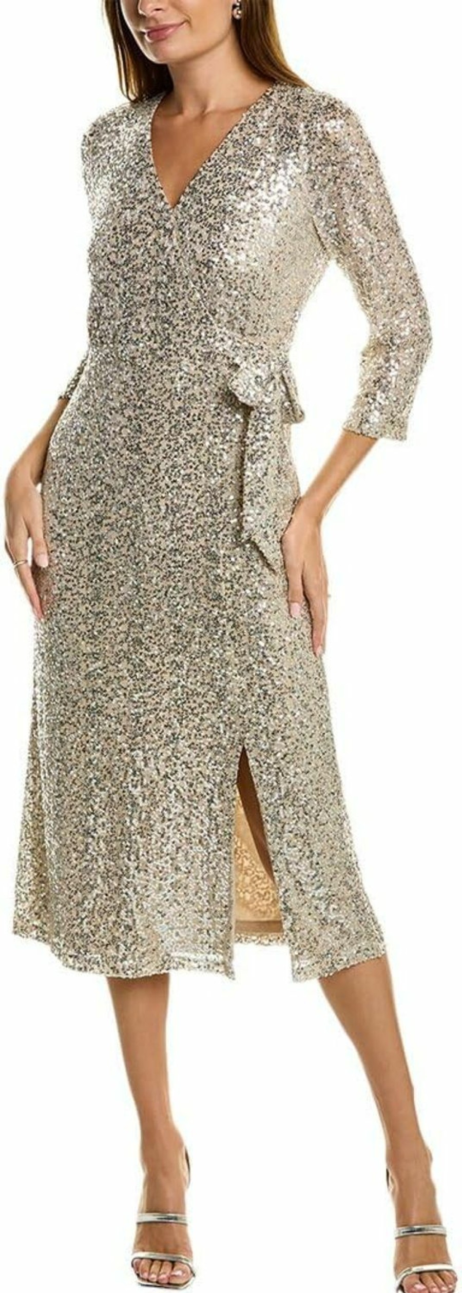 New Anne Klein Anne Klein Women'S Long Sleeve Faux Wrap Sequin Midi Dress