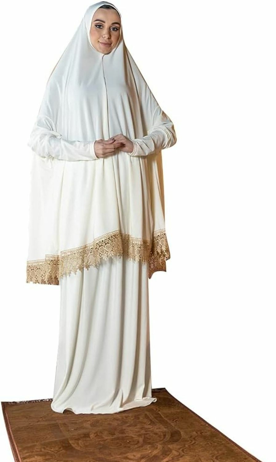 Wholesale Generic Women'S Prayer Dress 2 Pieces Lycra Solid Color Plus Long Sleeve | One-Size | Hijab Abaya Suit (Off-White)