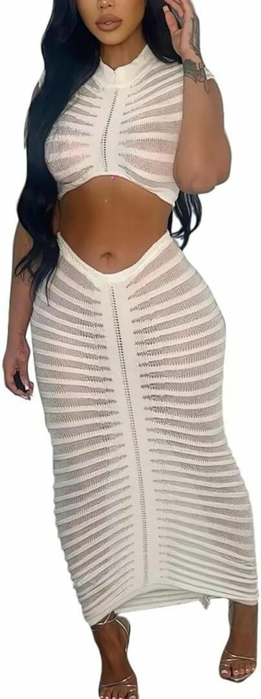 Wholesale Kafiloe Kafiloe Sexy 2 Piece Outfits For Women Mesh See Through Crochet Short Sleeve Crop Top Bodycon Maxi Skirt Set