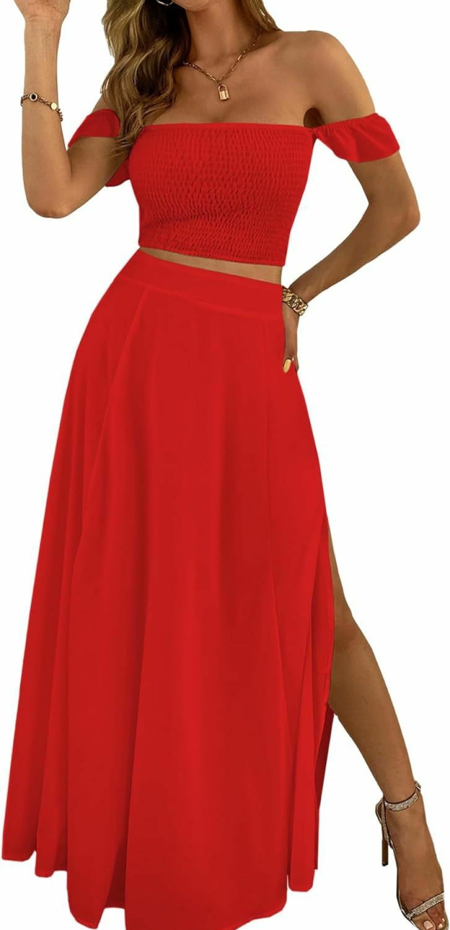 New Rooscier Rooscier Women'S 2 Pcs Off Shoulder Cap Sleeve Smocked Crop Top High Split Maxi Skirt