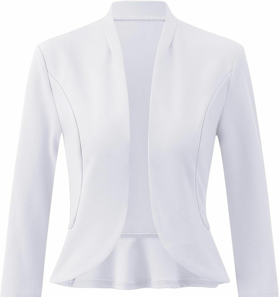 New Wealywa Womens Casual Business Cropped Blazer Jacket 3/4 Sleeve Collarless Open Front Cardigan Work Shrug