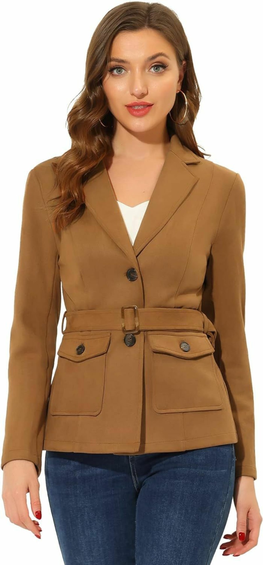 New Allegra K Allegra K Women'S Faux Suede Blazer Belted Lapel Outwear Single Breasted Work Jacket