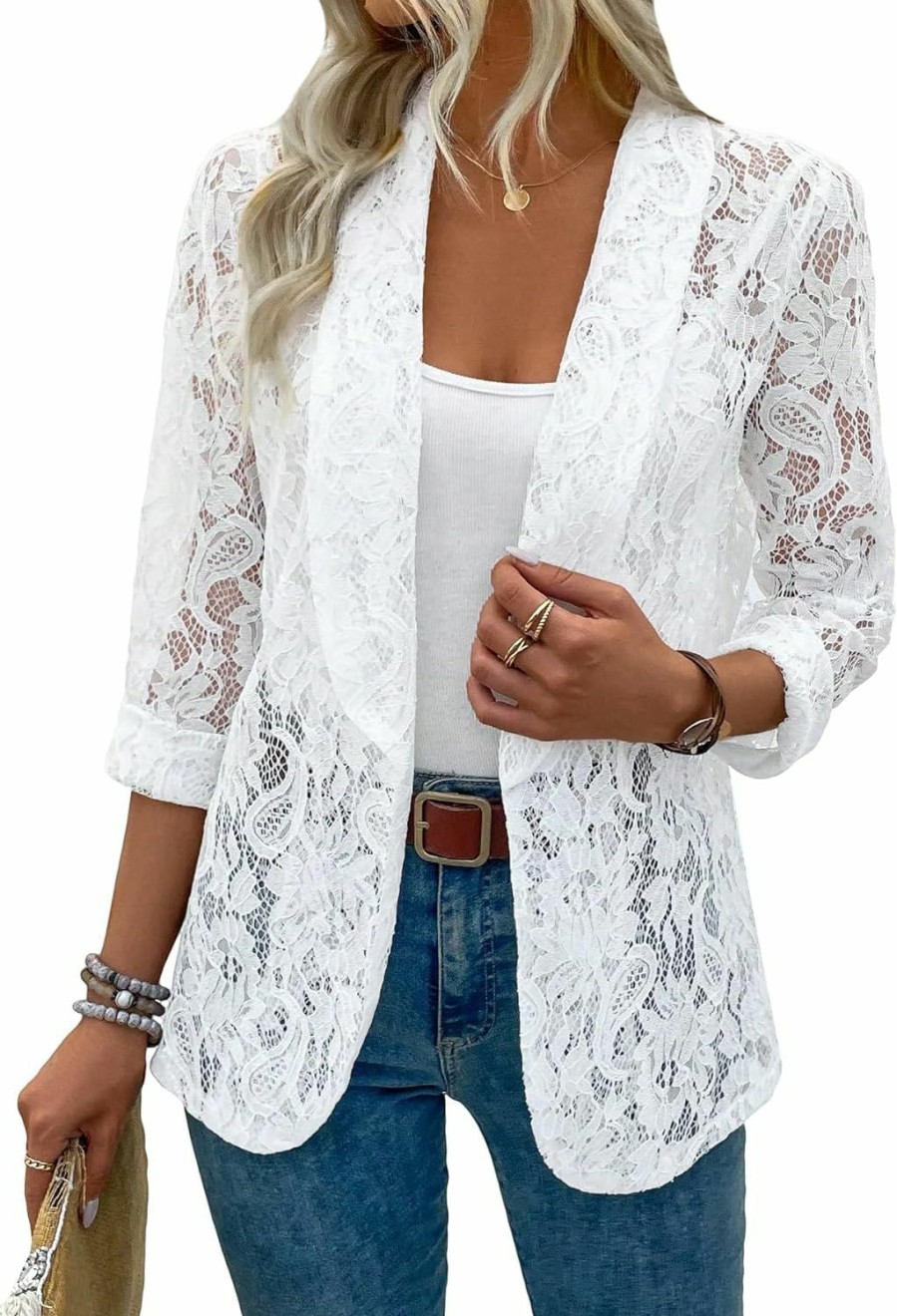 Hot WDIRARA Wdirara Women'S Lace Open Front Long Sleeve Sheer Elegant Casual Blazer Jacket