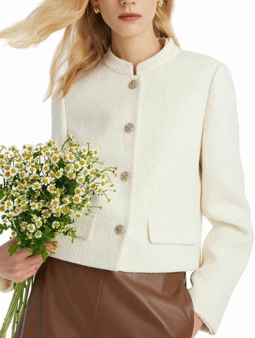 Online GOELIA Tweed Blazer Jackets For Women Stand Collar Single-Breasted Off White Jacket Women