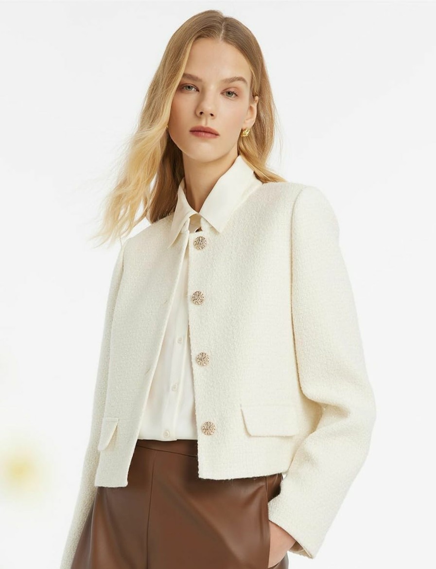 Online GOELIA Tweed Blazer Jackets For Women Stand Collar Single-Breasted Off White Jacket Women