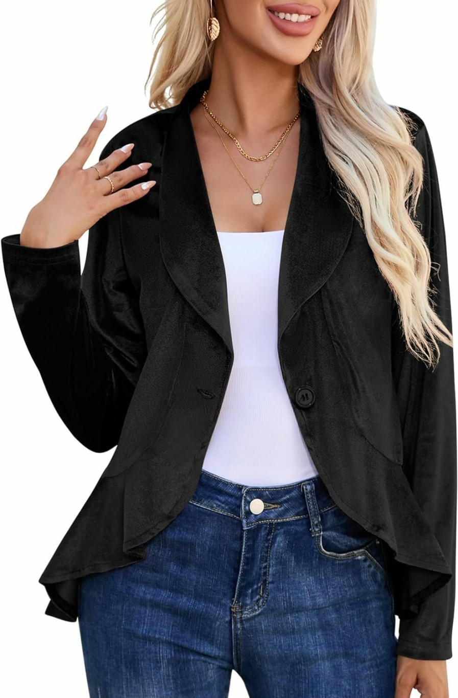 Wholesale KOJOOIN Kojooin Womens Casual Blazer 3/4 Sleeve Open Front Ruffle Work Office Cardigan Suit Jacket