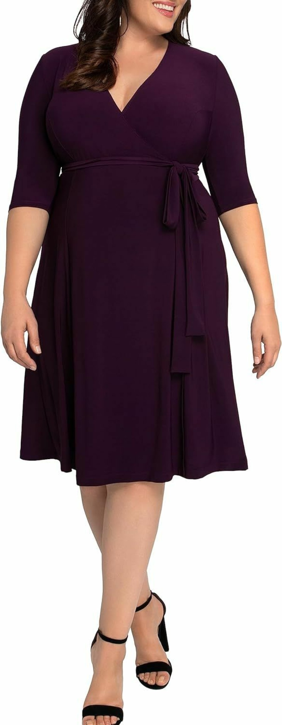 New Kiyonna Kiyonna Plus Size Essential Midi Wrap Dress With Sleeves | Cocktail, Party, Wedding Guest Or Work