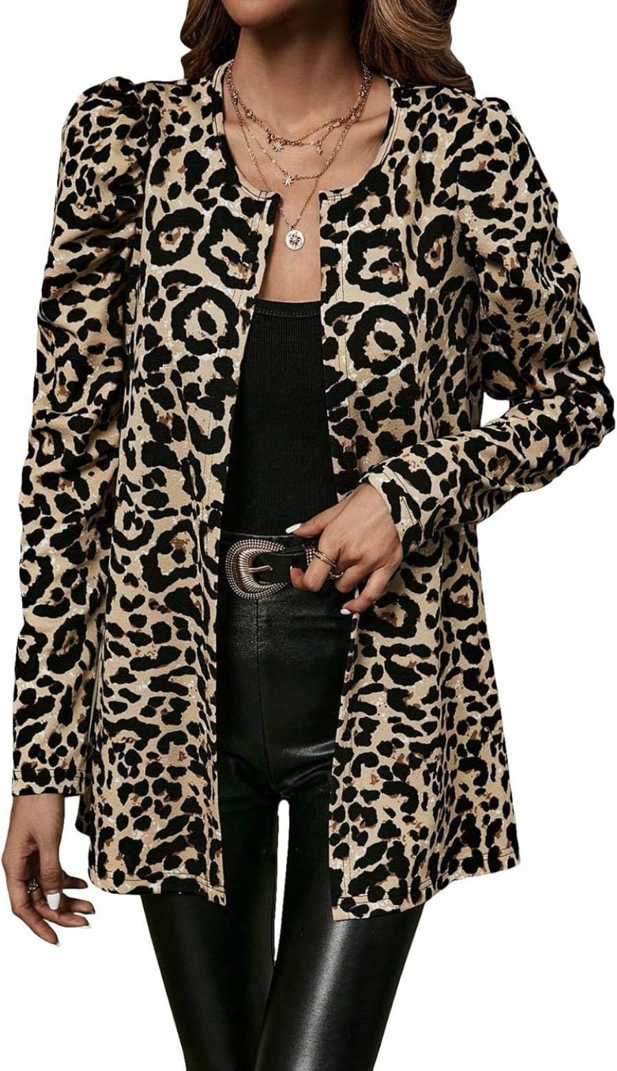 Best Milumia Milumia Women'S Leopard Print Puff Long Sleeve Work Blazer Open Front Cardigan Jacket