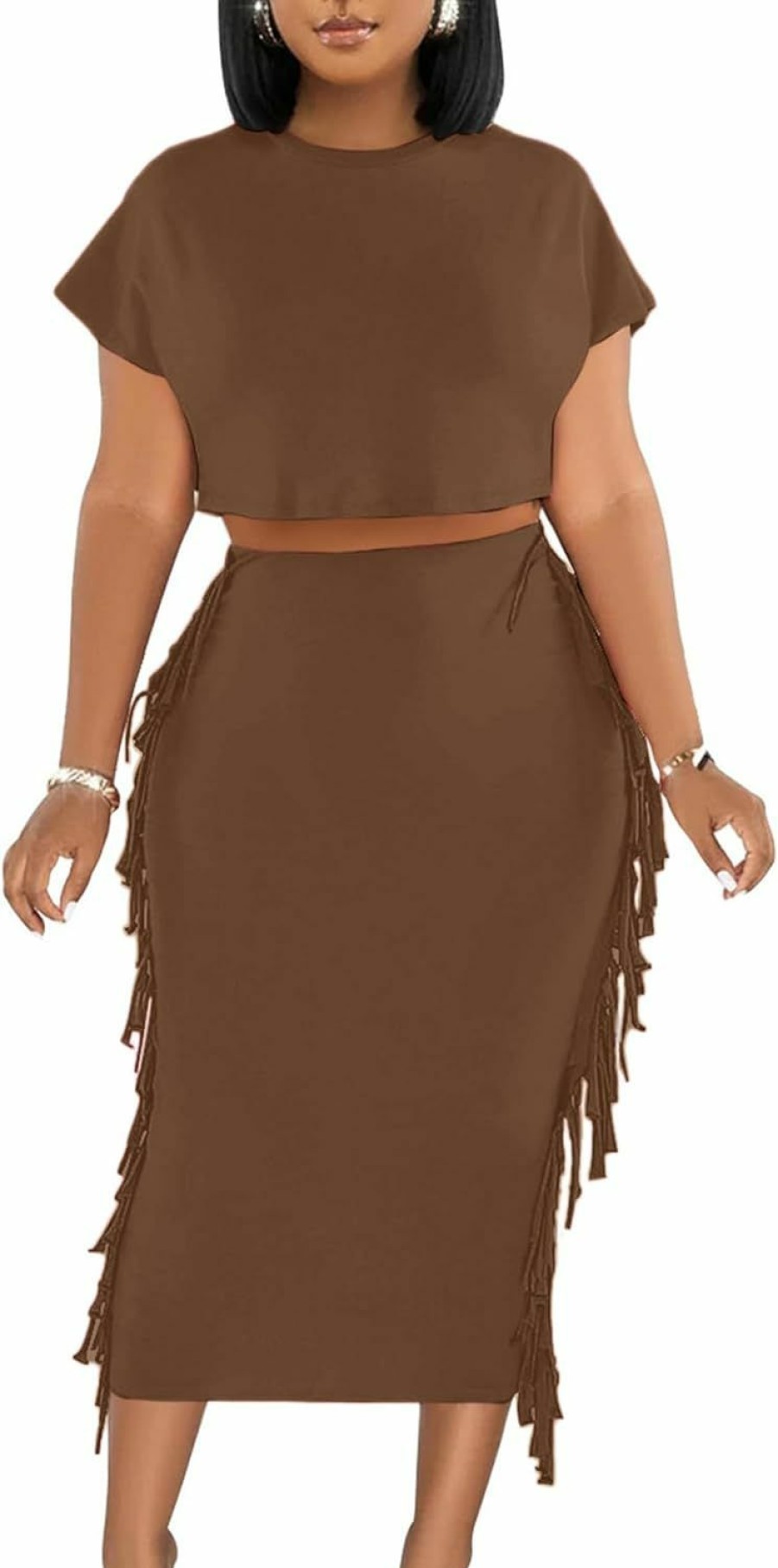 New LYANER Lyaner Women'S 2 Piece Outfits Crew Neck Fringe Short Sleeve Crop Top And Tassel Trim Bodycon Midi Skirt Set