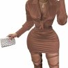 Clearance LuFeng Lufeng Womens Satin Sexy Self Tie Front Long Sleeve 2 Piece Outfits Crop Top And Mini Bodycon Skirt Set