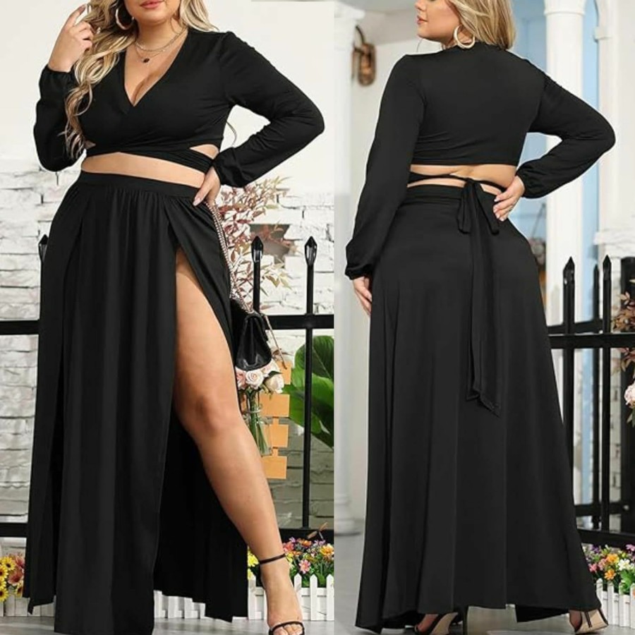 Wholesale SILUI Women'S Two Piece Skirt Set Deep V Neck Cropped Top Sexy Plus Size Double High Slit Flowy Maxi Skirts Outfits