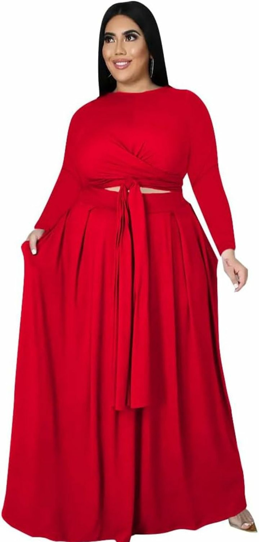 Online Dmoled Womens Plus Size 2 Piece Dress Outfits Long Sleeve Bandage Wrap Crop Tops Maxi Skirt Set Dress