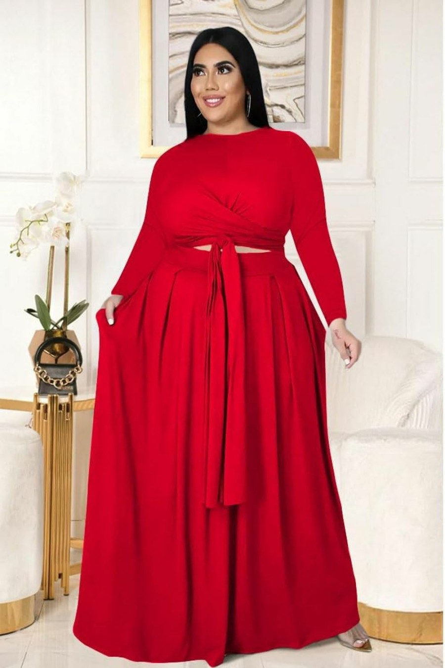 Online Dmoled Womens Plus Size 2 Piece Dress Outfits Long Sleeve Bandage Wrap Crop Tops Maxi Skirt Set Dress