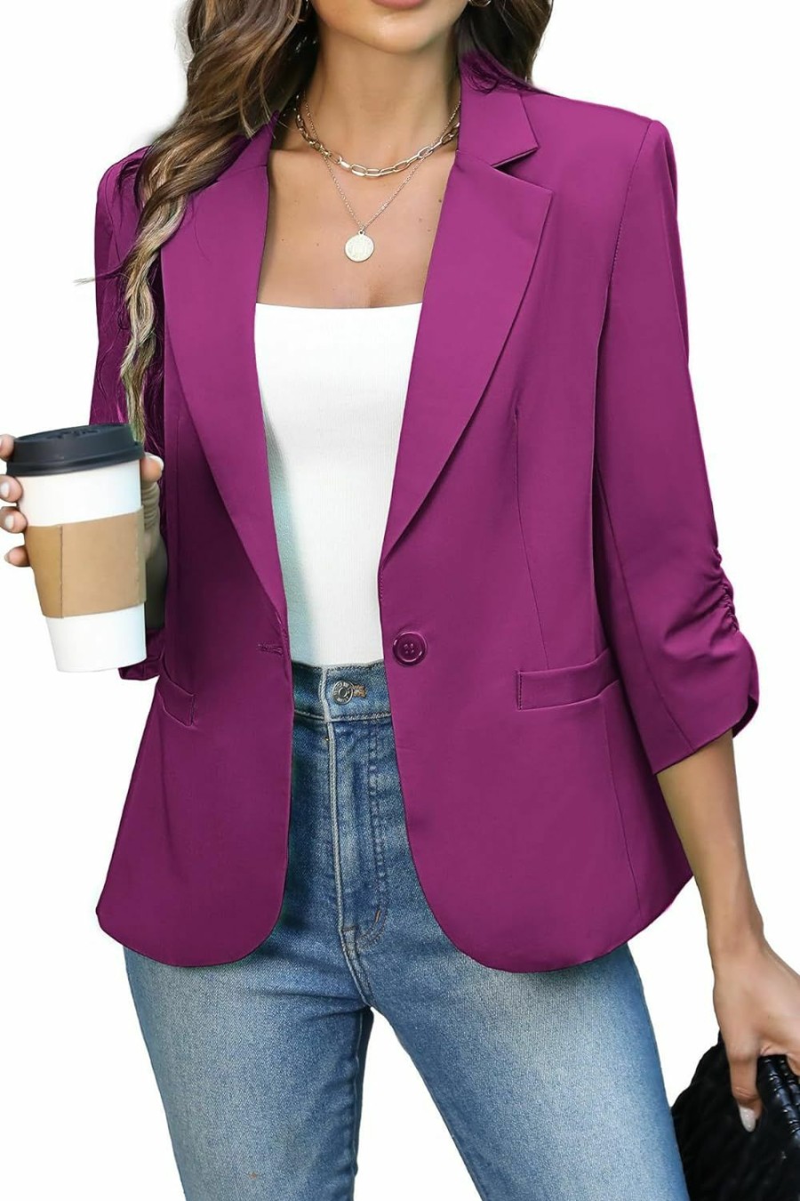 Hot ELLEVEN Women'S Ruched 3/4 Sleeve Blazers, Lightweight Slim Fit Suits With Padded Shoulder For Business Casual